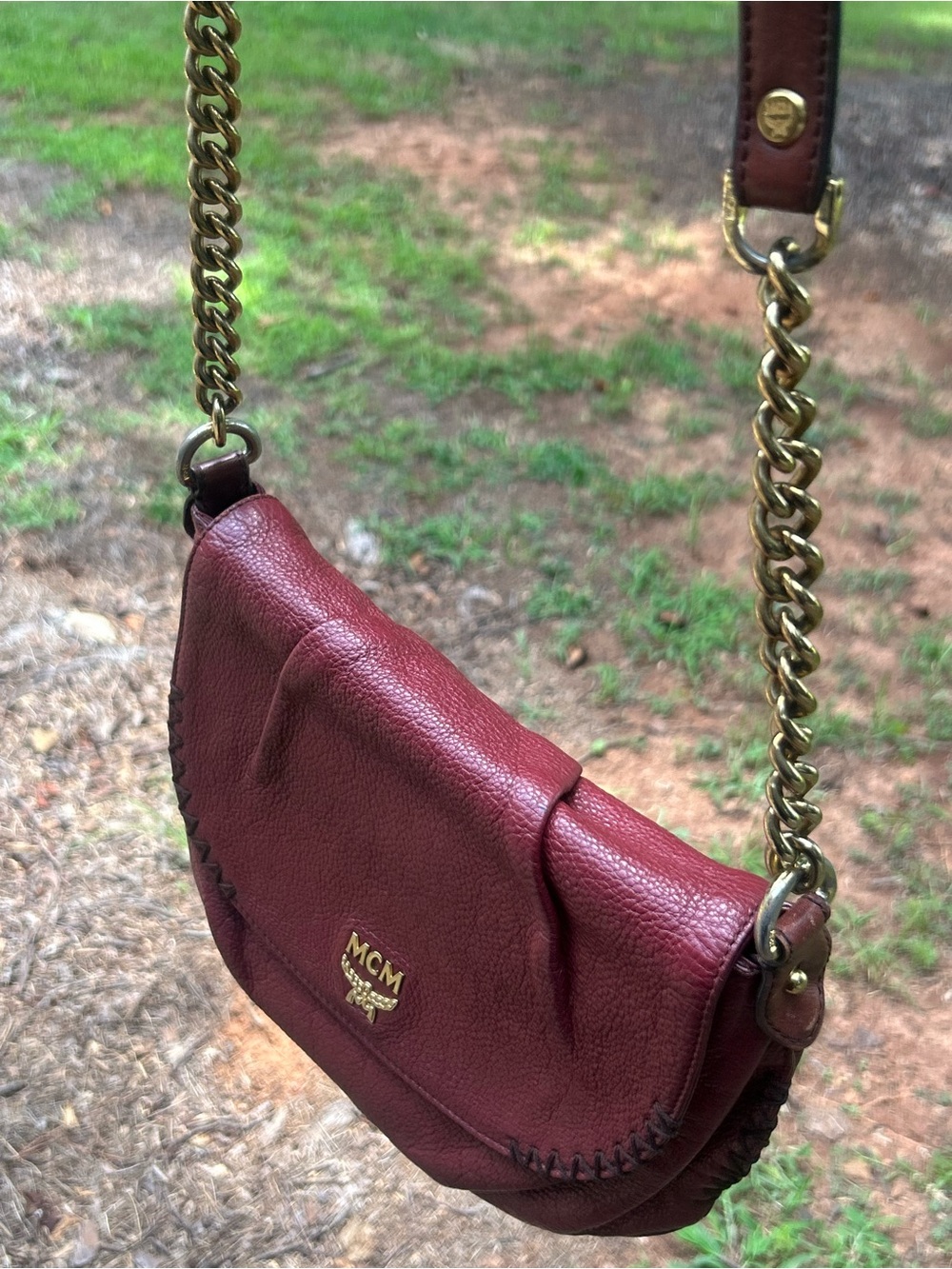 MCM Burgundy Pebbled Leather Flap Crossbody Shoulder Bag Made in Korea - Picture 13 of 13